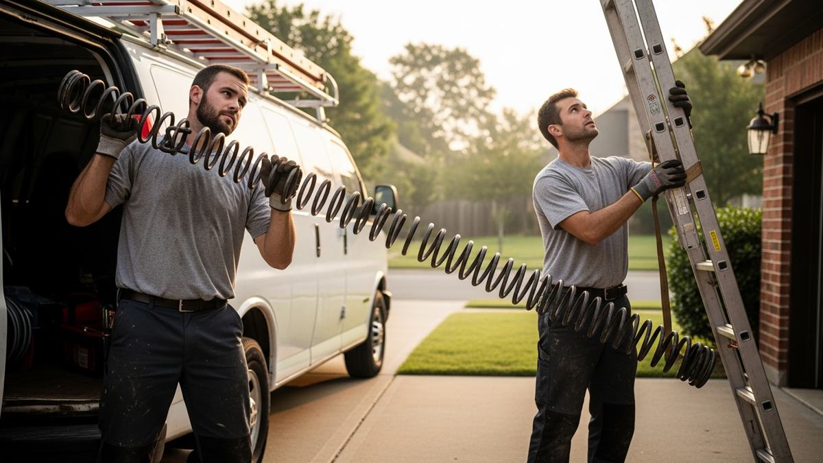 Two garage door technicians loading a spring and ladder into a work van in Frisco TX