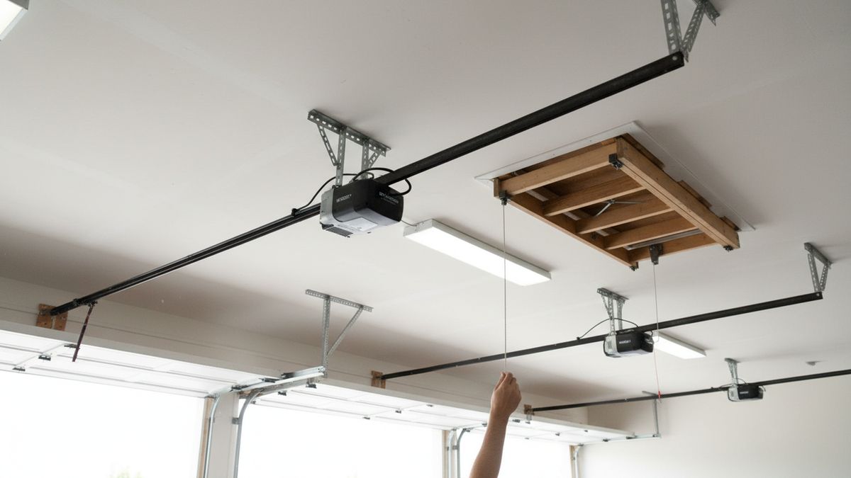 Two belt-drive garage door openers mounted to the ceiling of a three-car garage in Frisco TX