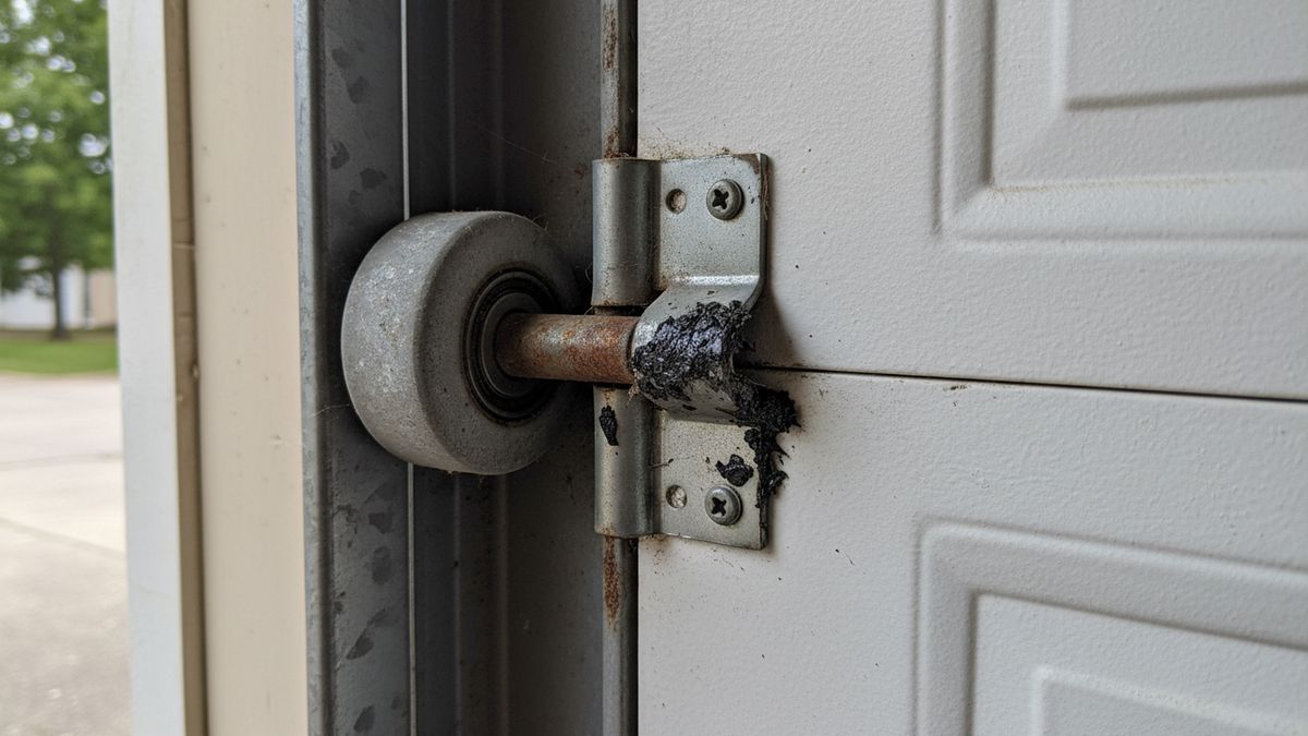 Worn steel roller and greasy hinge on a white builder-grade sectional garage door in a Frisco TX garage