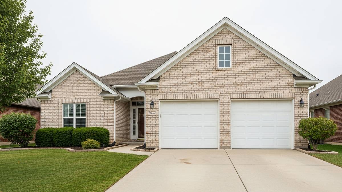 Front elevation of a brick home in Frisco TX with two closed white garage doors