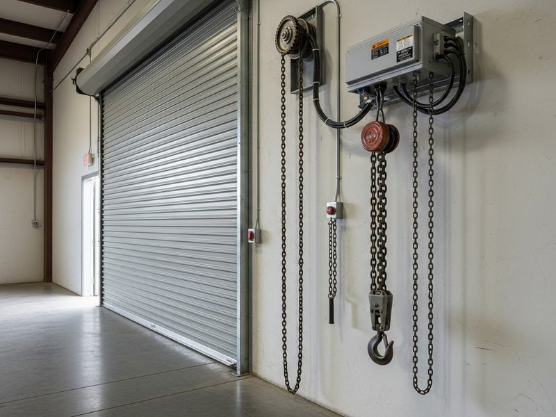 Wall mounted jackshaft operator and chain hoist beside a commercial rolling steel door