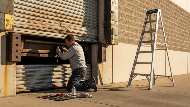 Technician servicing a rolling steel commercial door at a loading bay in Frisco TX