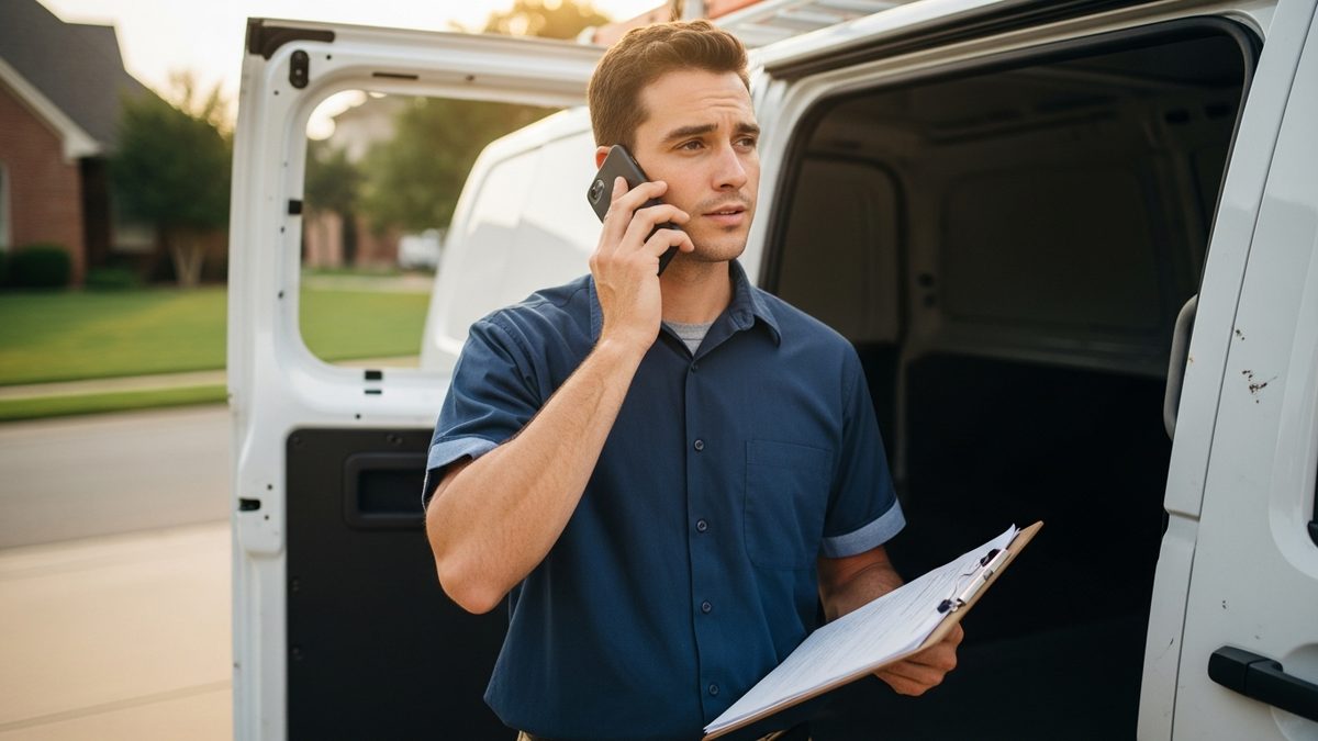 Garage door technician taking a call beside a work van in a Frisco TX driveway