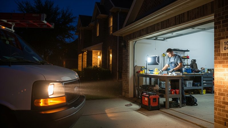 Work van and portable light at a night time garage door repair call in Frisco TX