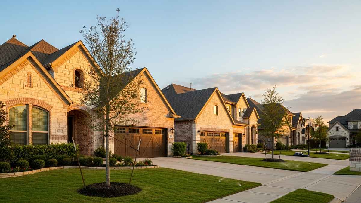 Street of newer brick homes with three-car garages in a Frisco TX neighborhood