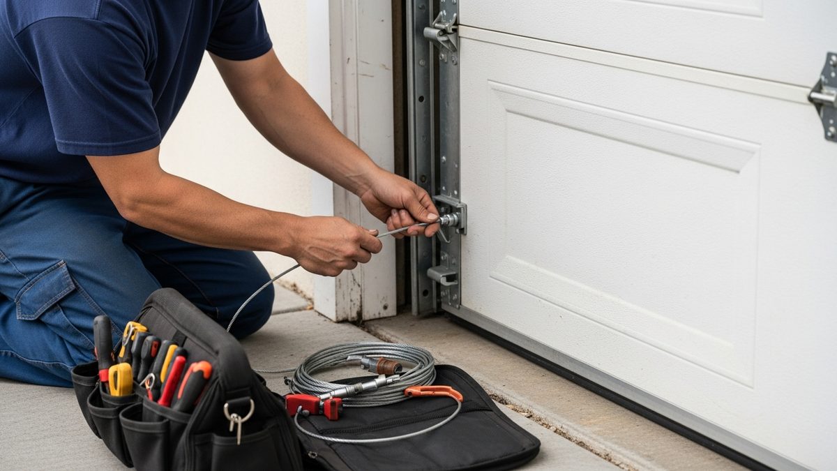 Technician fitting a new lift cable at the bottom bracket of a garage door in Frisco TX