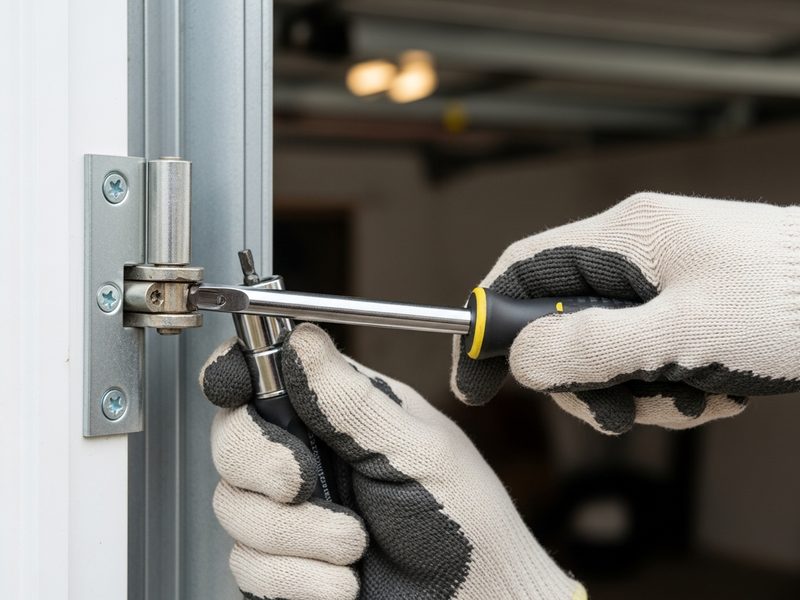 Close view of a technician driving a socket driver into a garage door hinge
