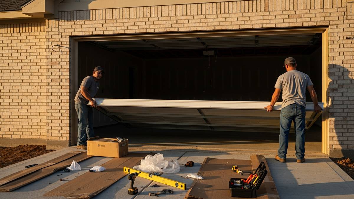 Two technicians lifting a new insulated steel garage door section into place at a Frisco TX home