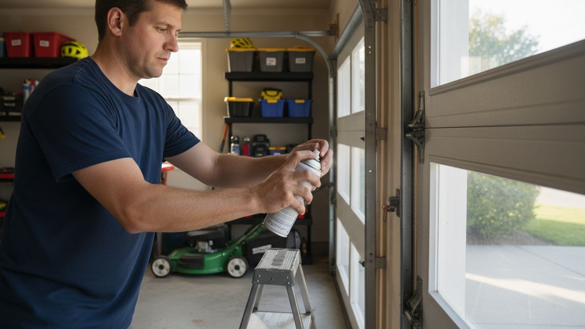 Homeowner on a step stool lubricating a hinge on a half-open white garage door inside a Frisco TX garage