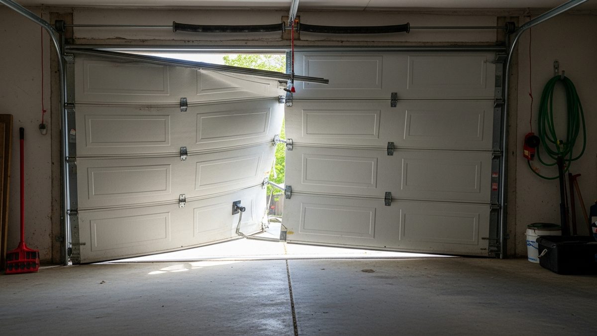 Open sectional garage door and overhead track hardware inside a Frisco TX garage