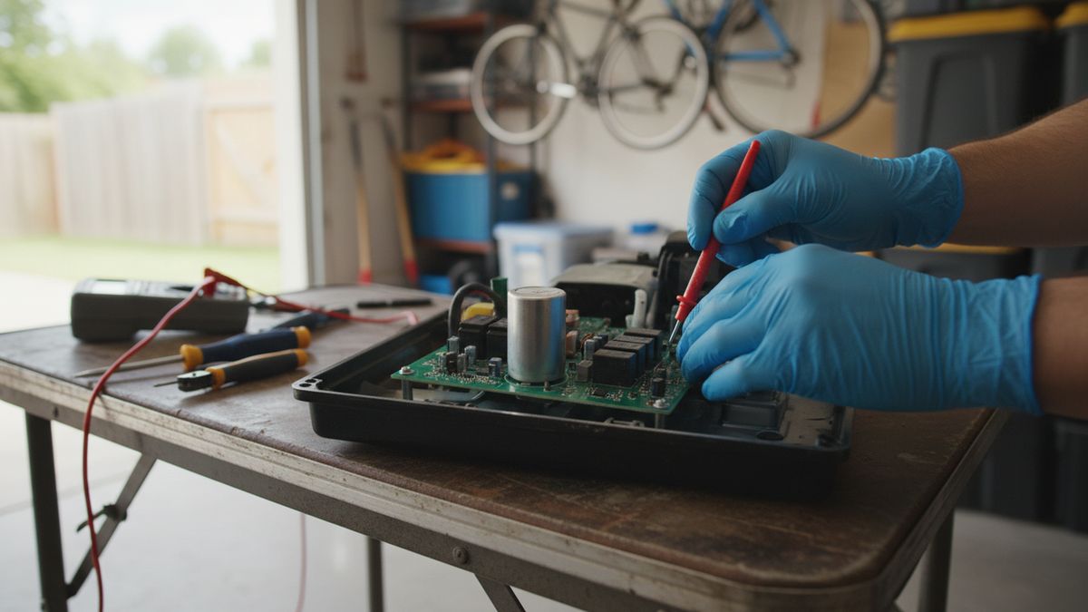Garage door opener with its cover removed showing the logic board while a gloved technician tests it with a multimeter in a Frisco TX garage