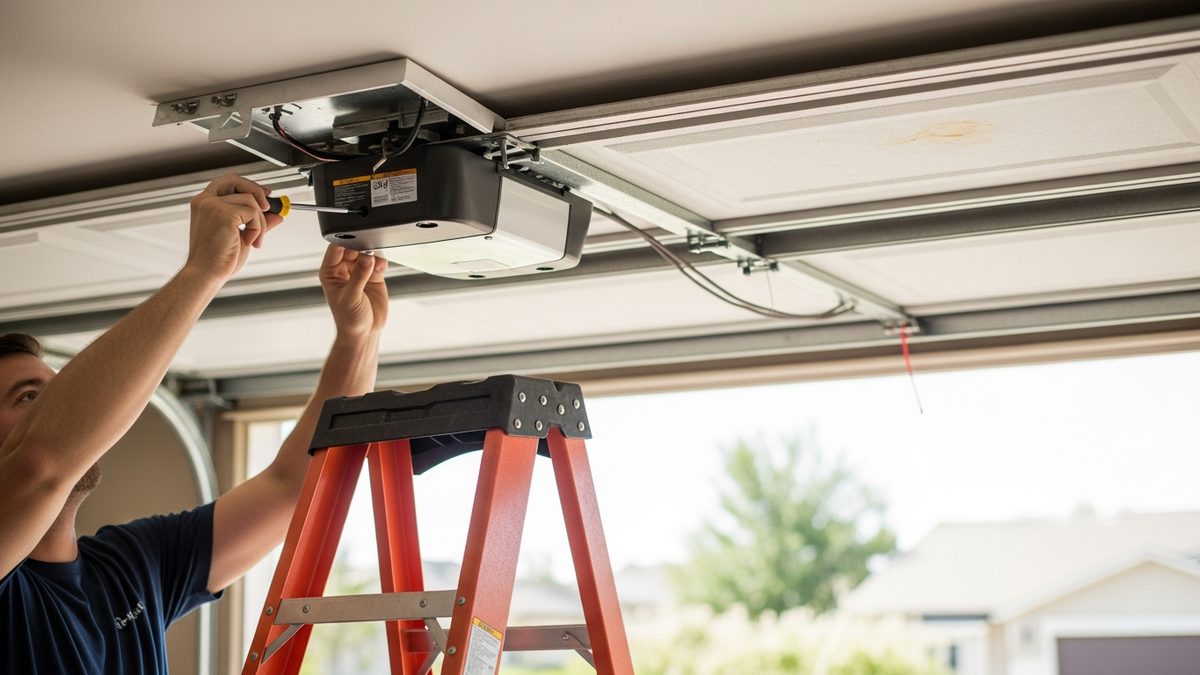 Technician opening the cover of a ceiling mounted garage door opener in a Frisco TX garage