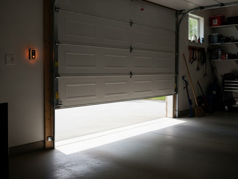 Sectional garage door stopped partway down seen from inside a Frisco TX garage