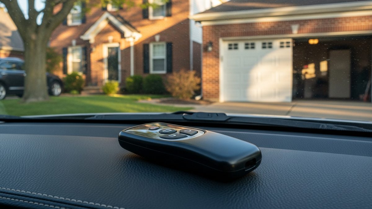 Garage door remote and spare battery resting on a car dashboard outside a Frisco TX home