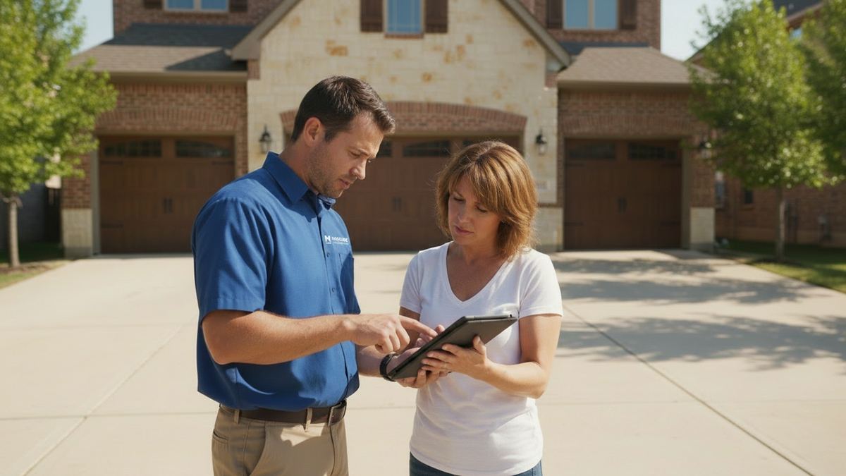 Marlowe Garage Door Service technician going over an estimate on a tablet with a homeowner in front of a Frisco three-car garage