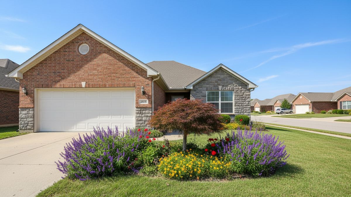 Single-story brick home with a white garage door and neat landscaping in the Frisco Lakes community in Frisco