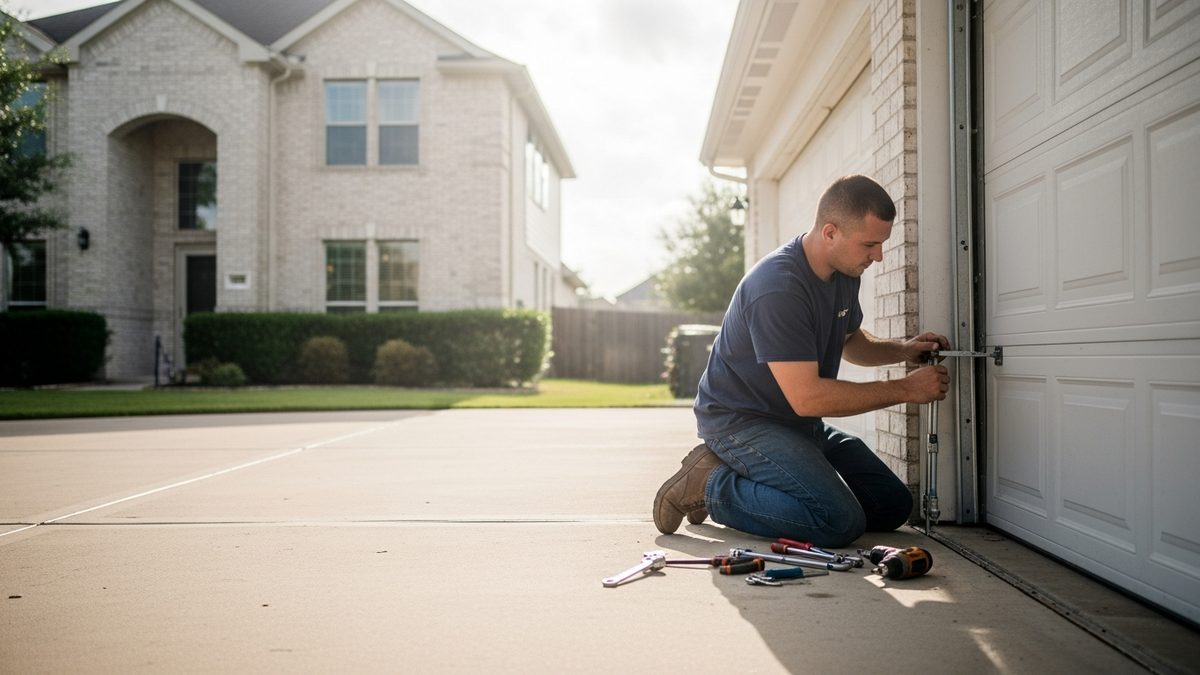 Garage door repair technician working at an open garage door on a brick home in Frisco TX