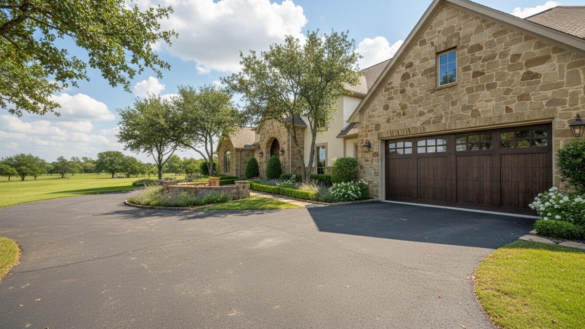 Large custom stone home with a carriage-style garage door in the gated Starwood community in Frisco