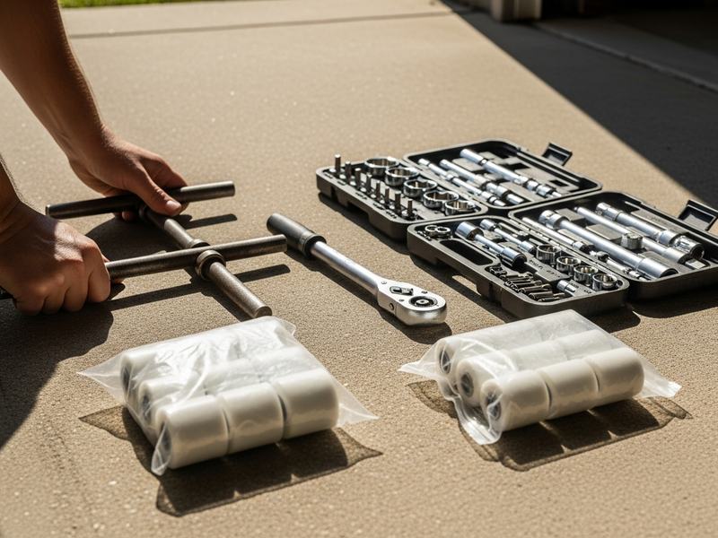 Winding bars, socket set and new nylon rollers laid out on a driveway before a garage door repair