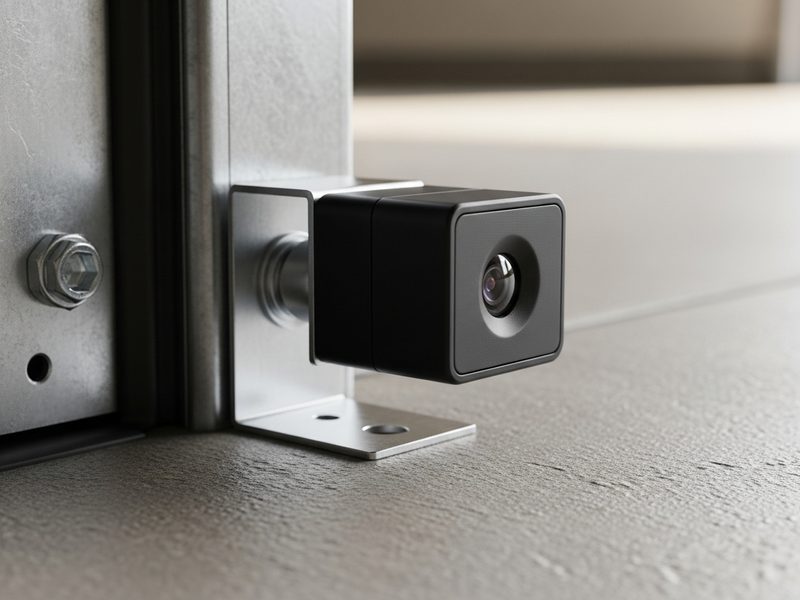 Gloved hand adjusting a garage door photo eye safety sensor mounted low on the track
