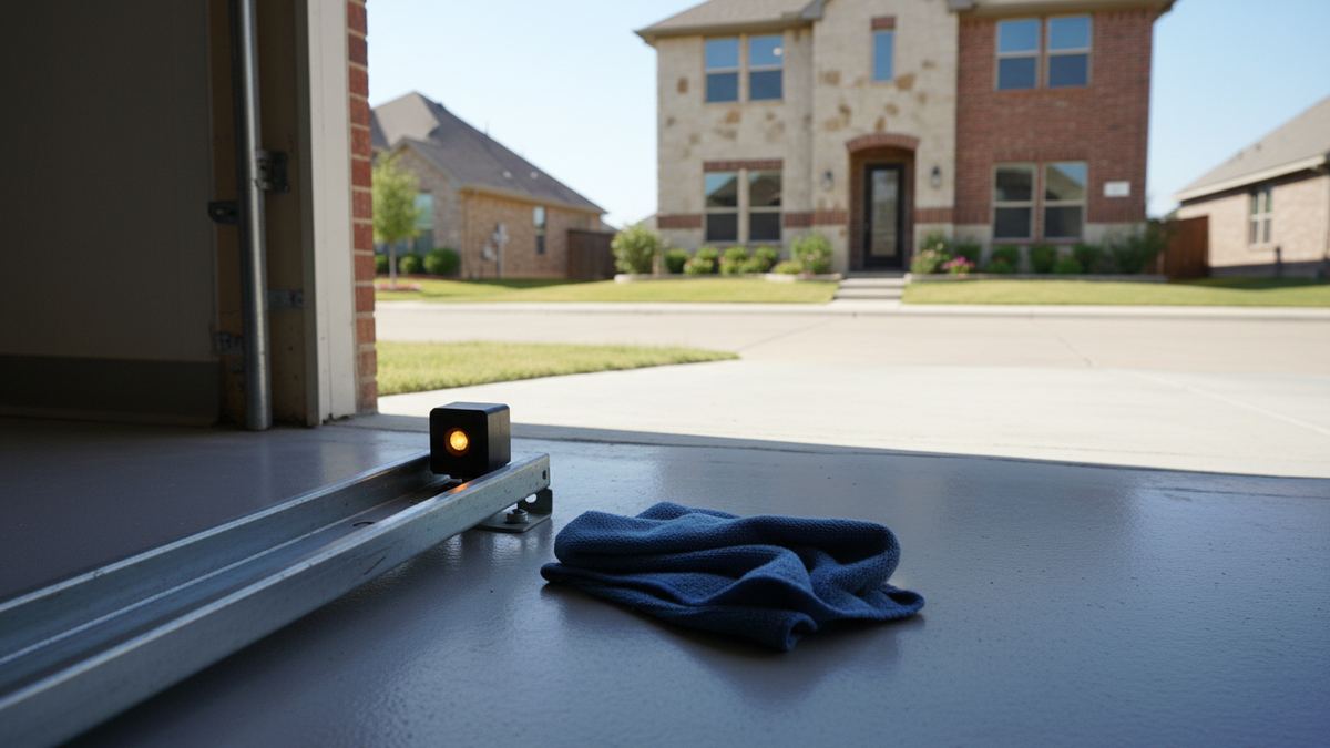 Garage door photo-eye sensor with its amber light on, mounted low on the track of a Frisco garage