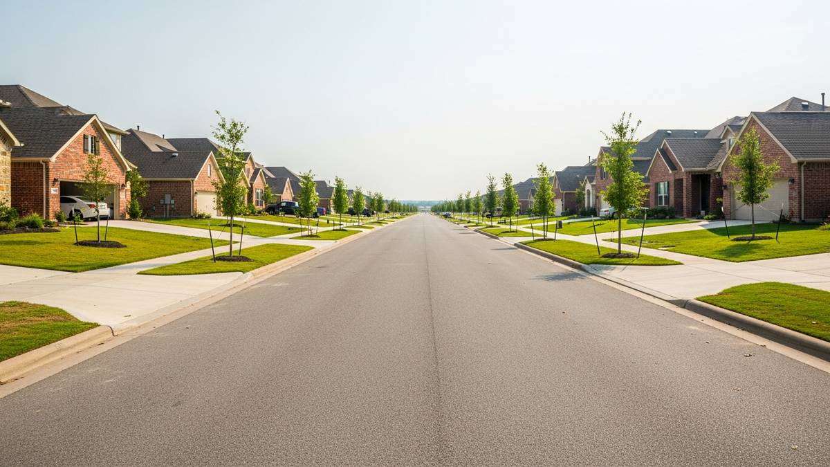 Wide suburban parkway lined with newer brick homes and garages in Frisco TX