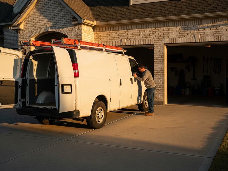 White work van parked on a driveway in front of an open garage at a Frisco TX home