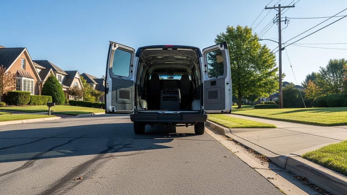 Work van with its rear doors open on a Frisco TX street, loaded for a garage door service call