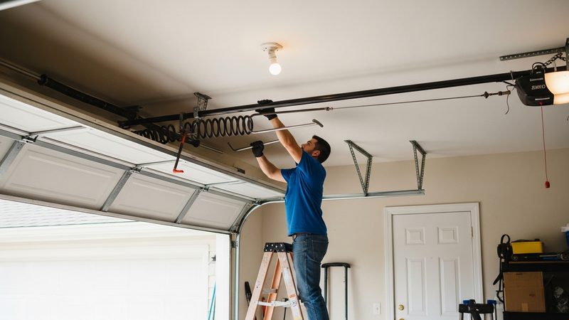 Technician using winding bars on the torsion spring shaft above an open garage door in Frisco TX