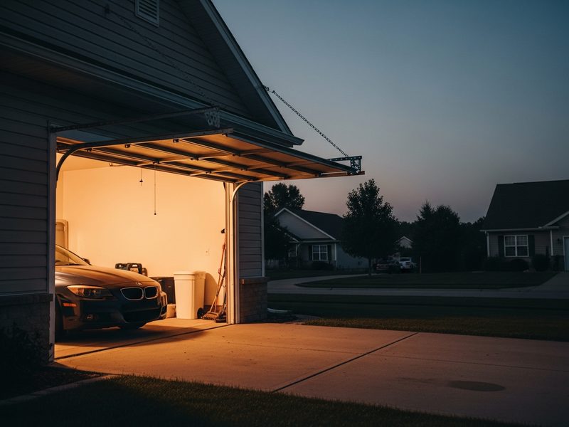 Car inside a lit suburban garage at dusk with the garage door still standing open