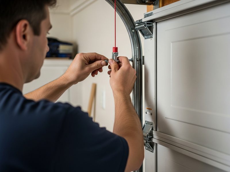 Technician tightening a bolt on the vertical track of a sectional garage door