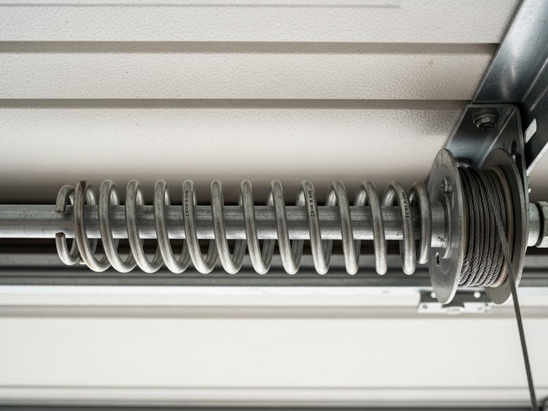 Galvanized torsion spring and cable drum mounted above a white sectional garage door