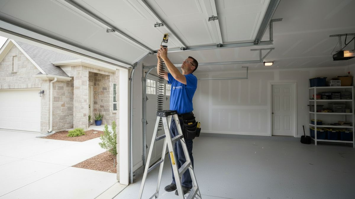 Marlowe Garage Door Service technician measuring the torsion spring above an open garage door in a Frisco garage