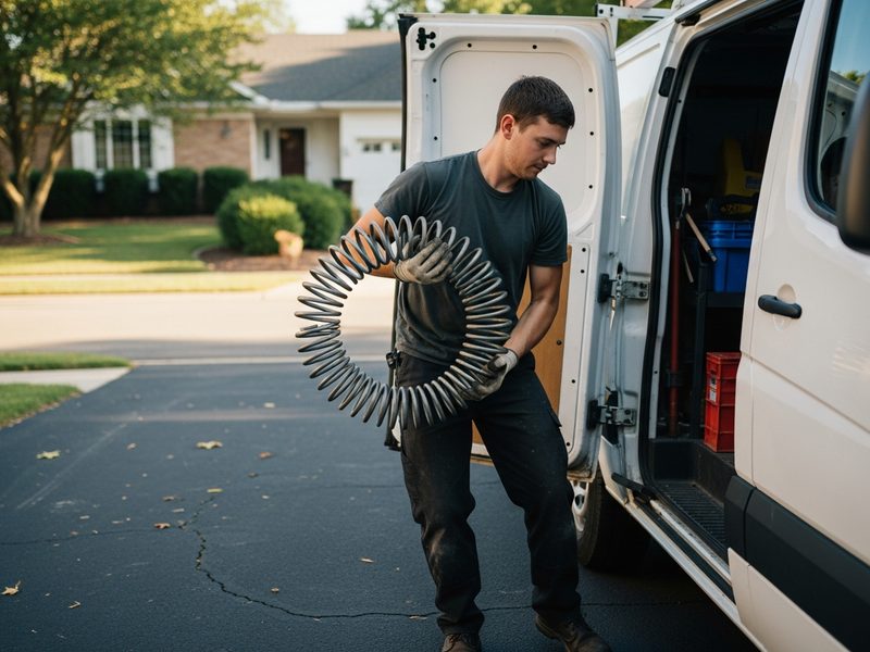 Technician lifting new garage door springs from a work van in a Frisco TX driveway