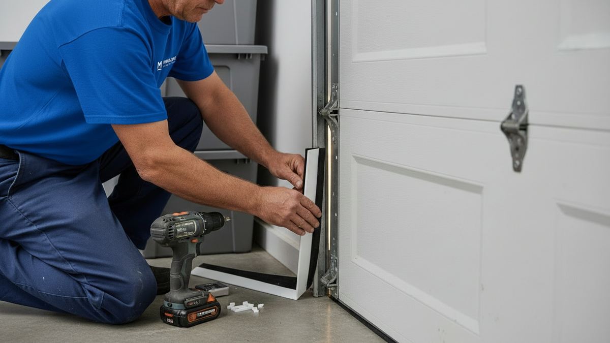 Marlowe Garage Door Service technician fitting new vinyl stop molding along the jamb of a garage door in Frisco