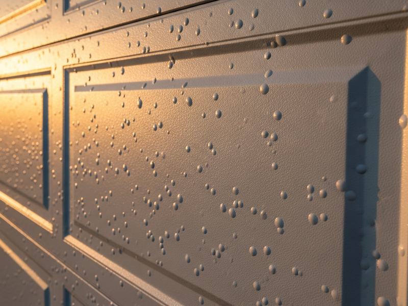 Hail dents across the steel face of a white garage door panel in raking afternoon light