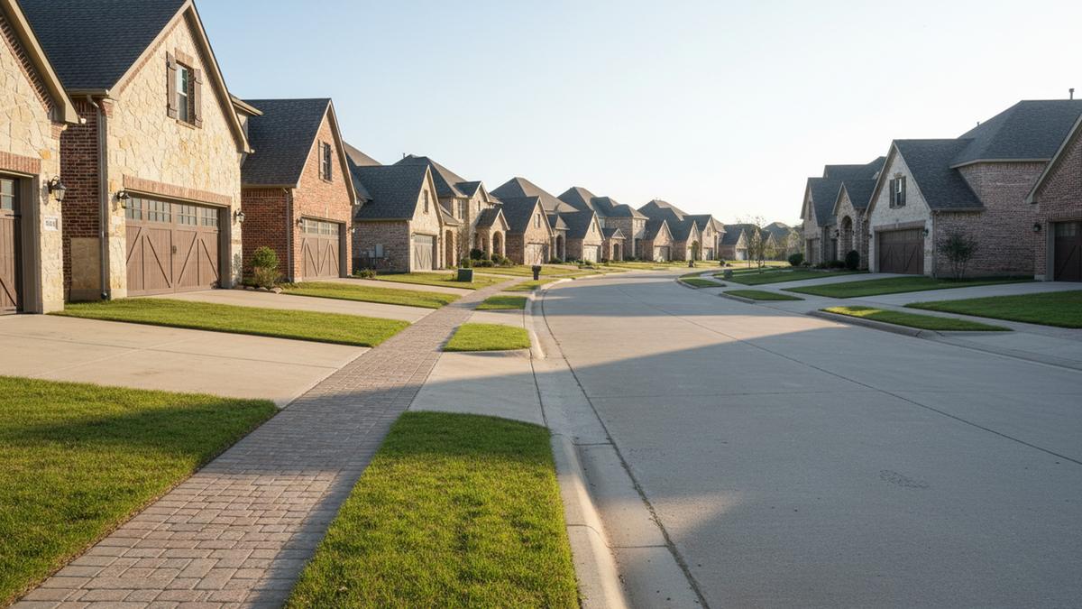Row of two-story stone and brick homes with matching bronze carriage-style garage doors in a Frisco TX HOA neighborhood