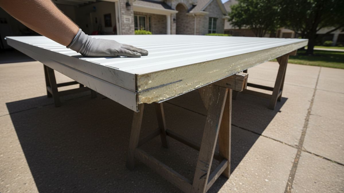 Cut end of an insulated steel garage door section showing the foam core between two steel skins in a Frisco TX driveway