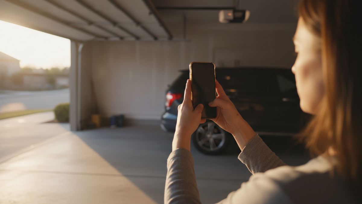 Homeowner holding a phone up toward a ceiling-mounted Wi-Fi garage door opener in a Frisco TX garage at dusk