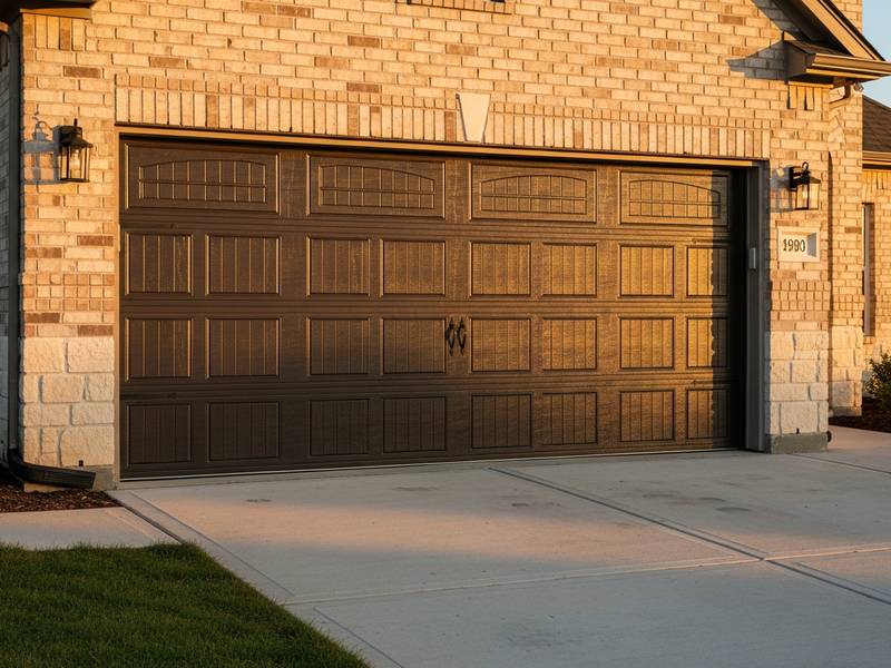 Newly installed carriage style insulated garage door on a light brick home in Frisco TX