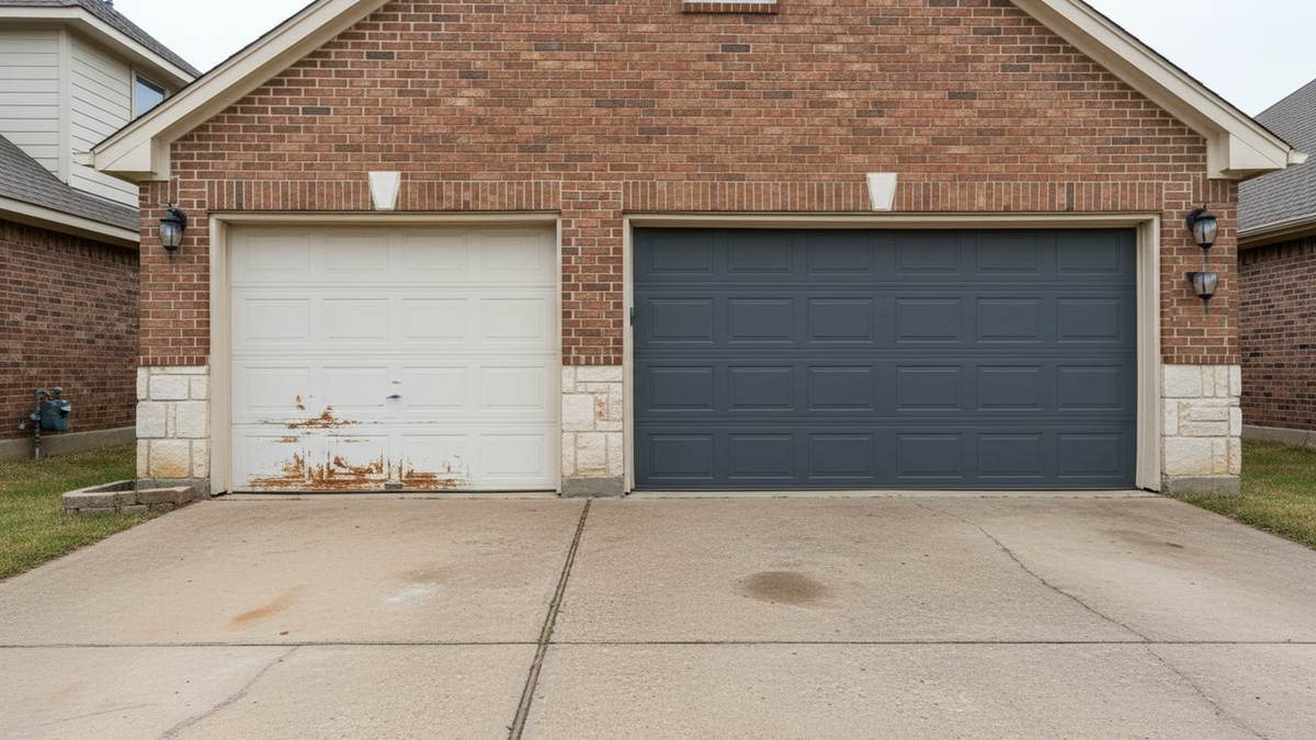 Old dented white garage door beside a new charcoal insulated door on a three-car garage in Frisco TX