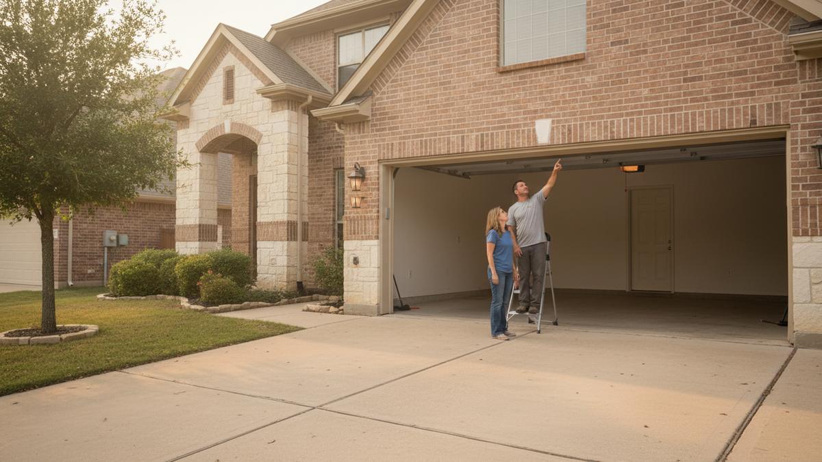 Garage door technician pointing out the torsion spring to a homeowner in an open three-car garage in Frisco TX